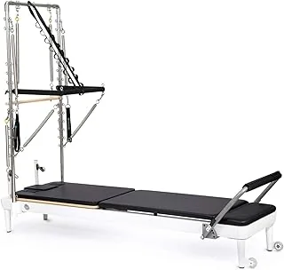 Reformer Nubium™ avec tour, tour en acier inoxydable, aluminium de couleur blanche, barre de pieds avec libération rapide, chariot ultra silencieux, boîte et planche de saut incluse