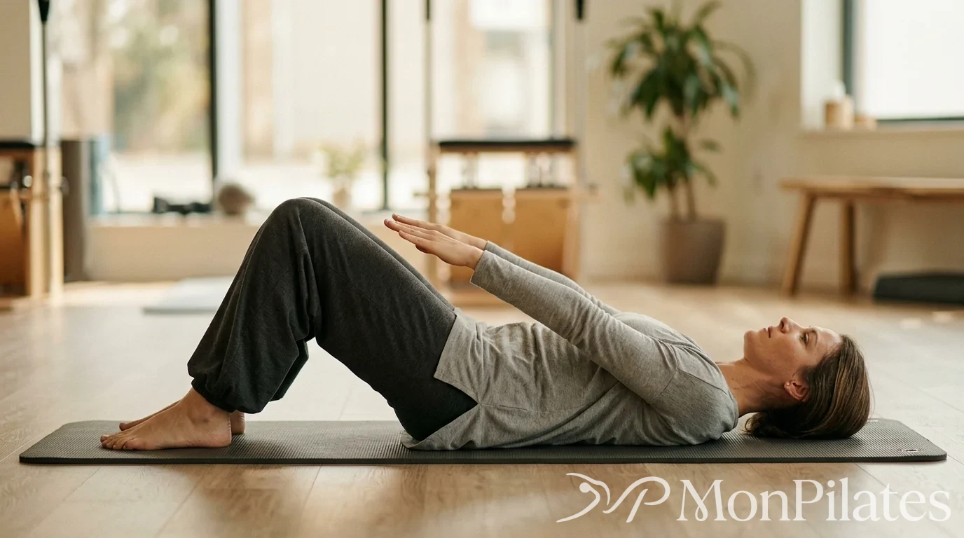Silhouette allongée sur un tapis de Pilates avec les genoux pliés et pieds au sol.