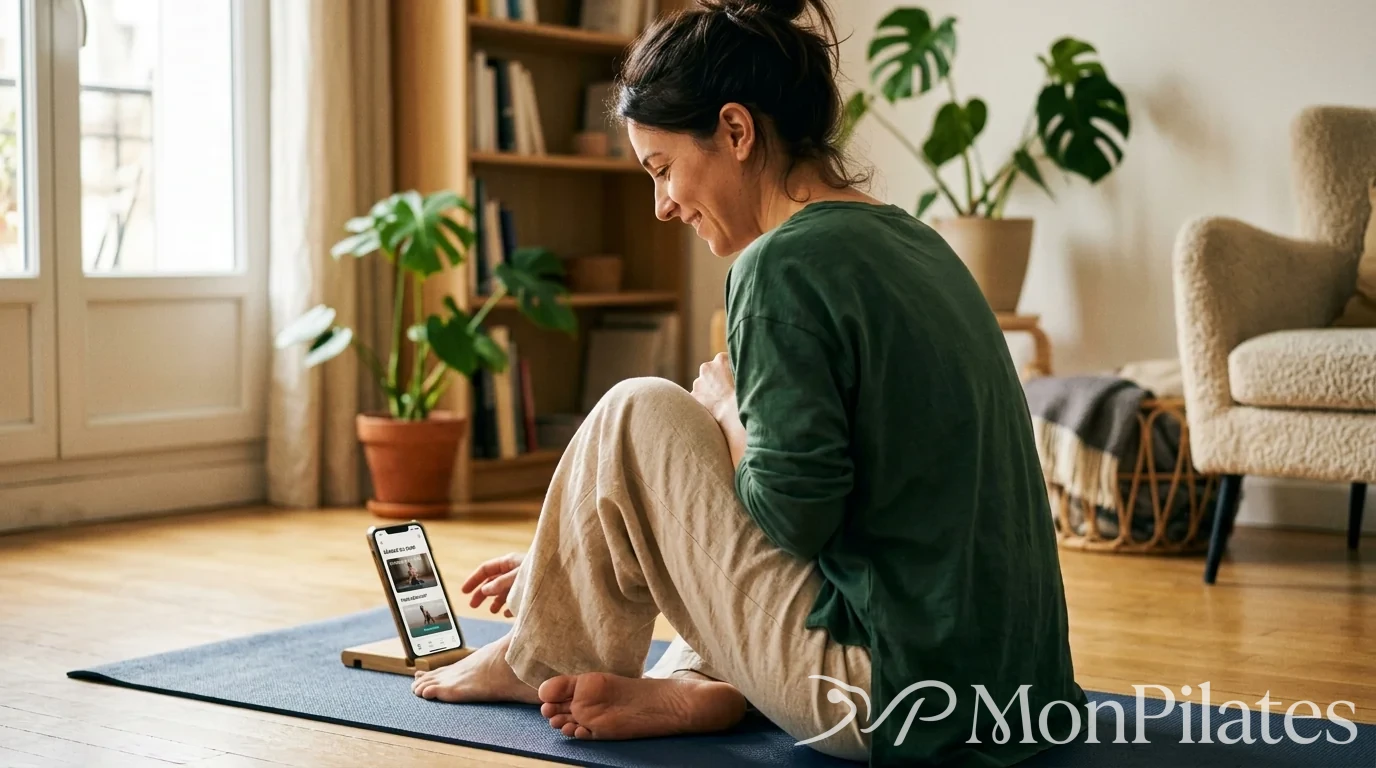 Personne utilisant une application de Pilates gratuite sur son téléphone