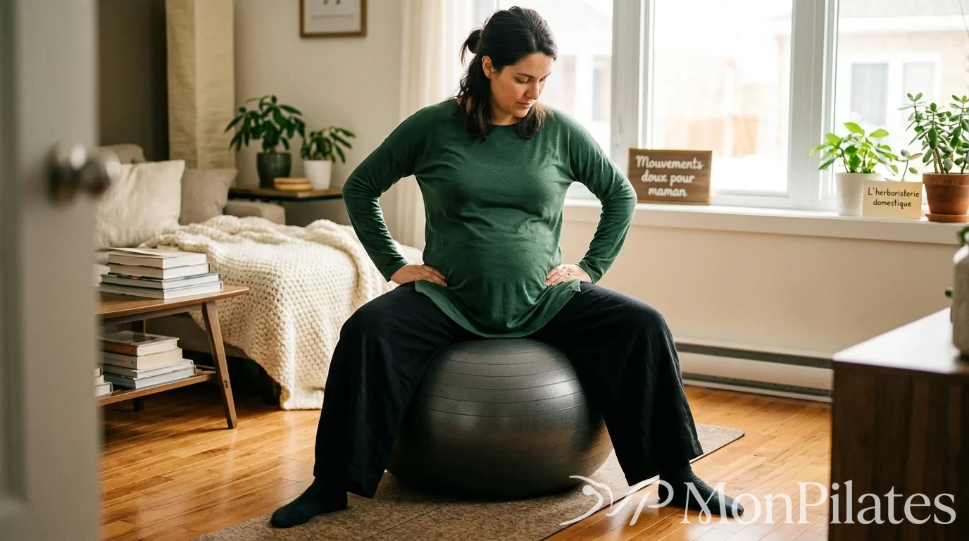 Femme enceinte assise sur un ballon de gym effectuant des rotations du bassin.