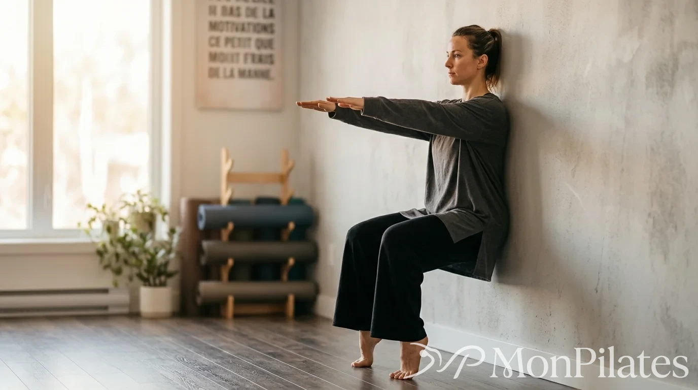 Exercice de la chaise contre le mur avec montée sur les pointes de pieds