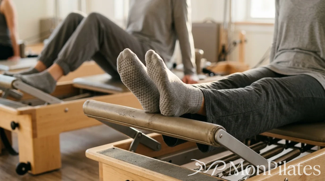 Pieds en chaussettes antidérapantes posés sur une barre de Reformer