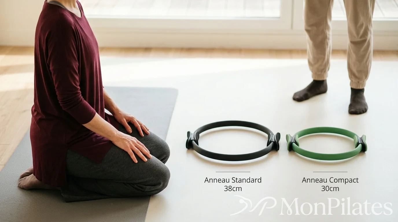 Comparaison côte à côte d'un anneau Pilates de 38 cm et d'un anneau de 30 cm.