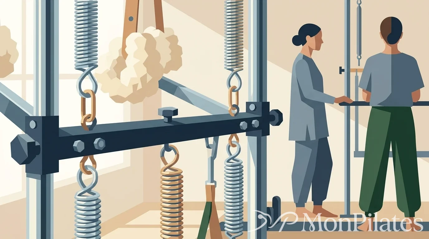 Gros plan sur les ressorts et les sangles en laine de mouton d'un Pilates Cadillac