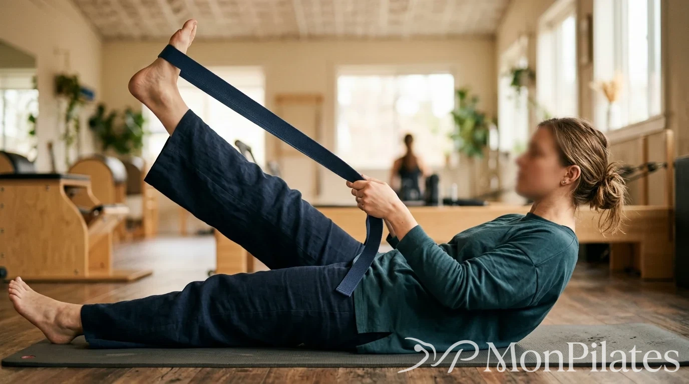 Utilisation d'une sangle pour étirer la jambe vers le plafond