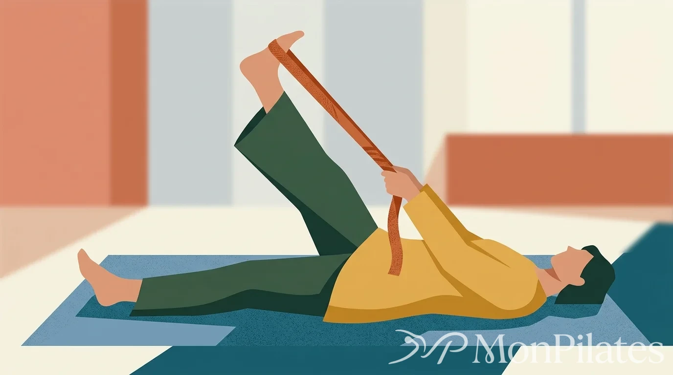 Étirement d'une jambe vers le plafond à l'aide d'une sangle de Pilates