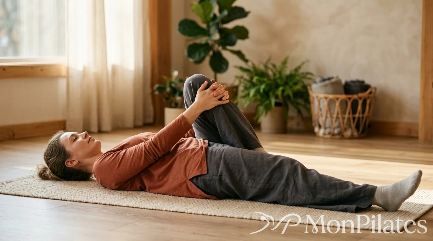 Mouvement d'étirement ramenant un seul genou vers la poitrine au sol