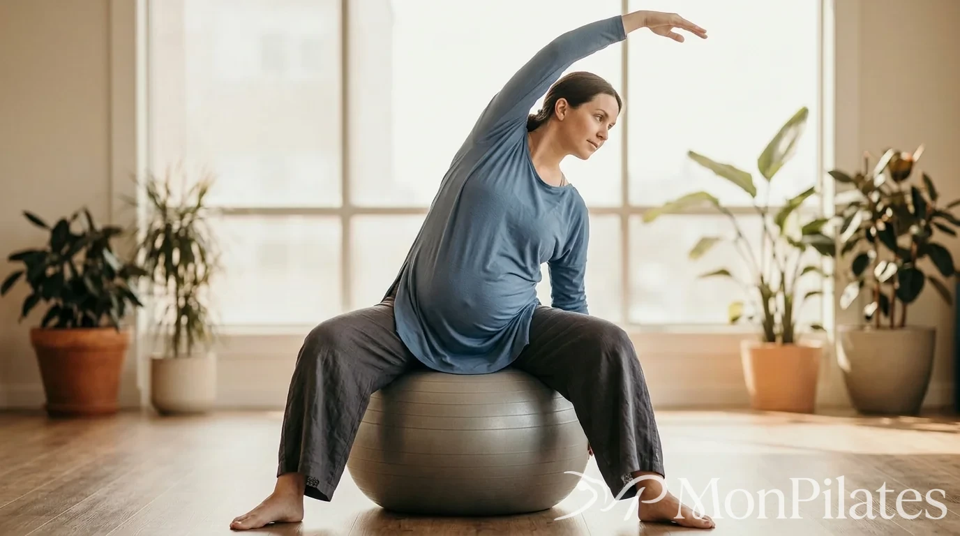 Étirement latéral doux sur Swiss Ball pour future maman