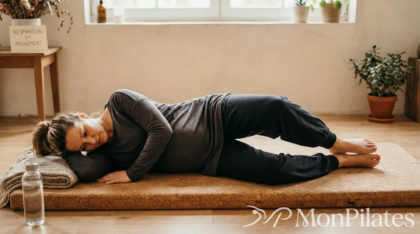 Femme enceinte réalisant l'exercice du Clam en Pilates
