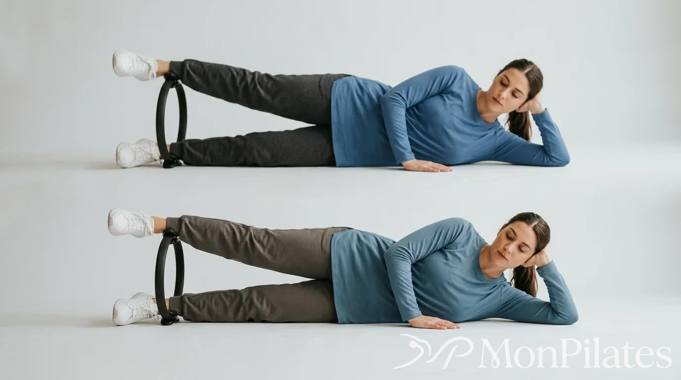 Gros plan d'un anneau Pilates compressé entre les cuisses pour travailler les adducteurs.