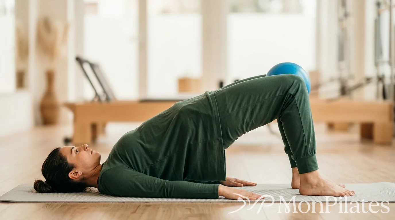 Femme effectuant le pont fessier avec un petit ballon entre les genoux