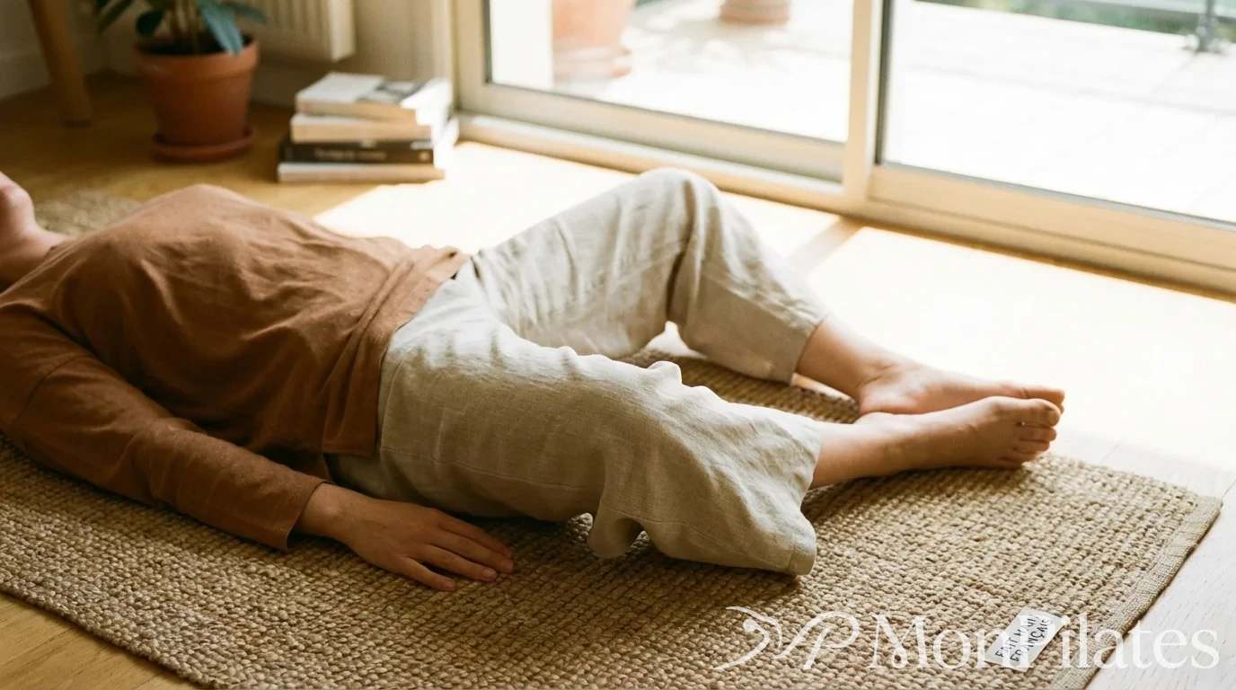 Personne allongée sur un tapis de pilates en position de repos constructif