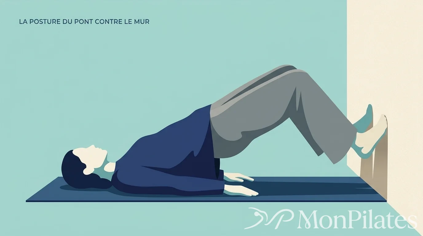 Position correcte du pont sur les épaules avec les pieds contre le mur pour le pilates