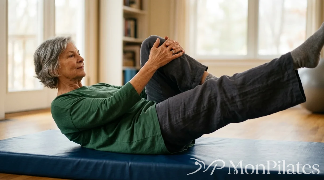 Exercice du single leg stretch pratiqué par une senior