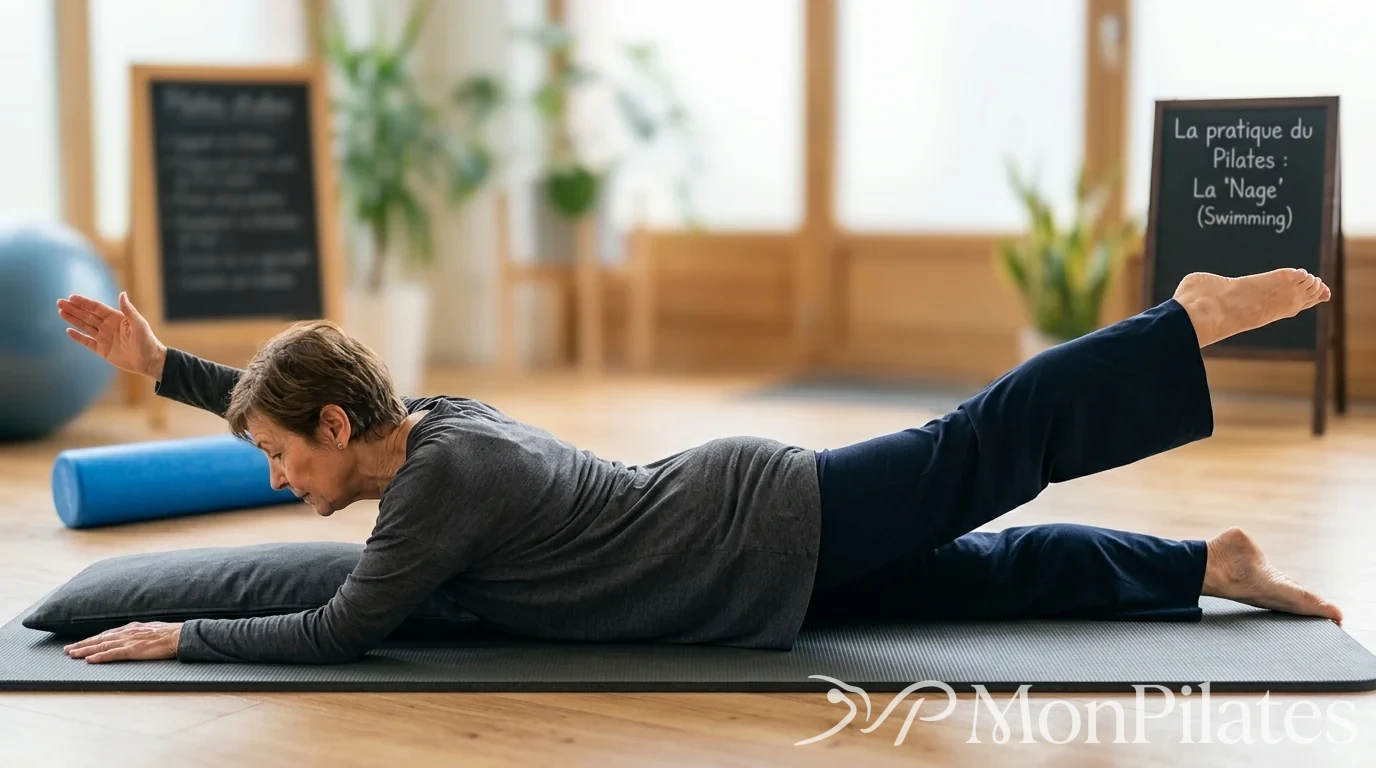 Femme senior pratiquant l'exercice du swimming au sol
