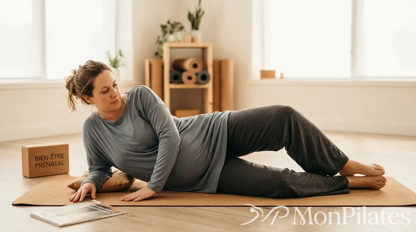 Femme enceinte pratiquant l'exercice du coquillage sur le côté pour renforcer les fessiers.