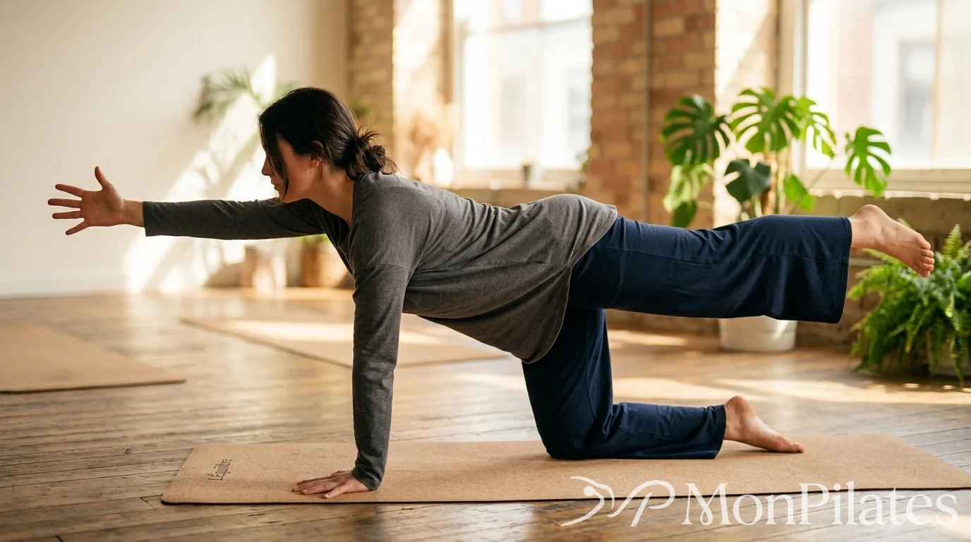 Position à quatre pattes avec un bras et la jambe opposée tendus à l'horizontale