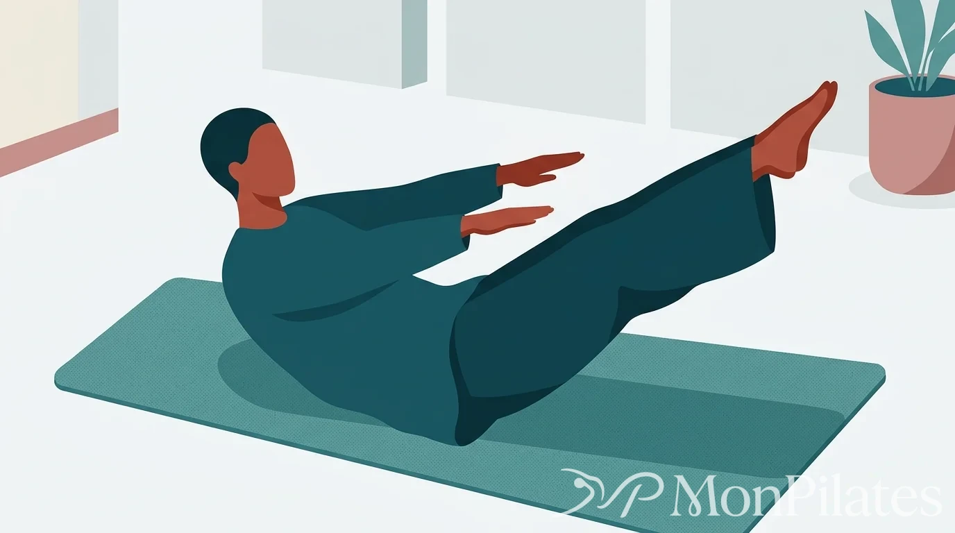 Personne en tenue ample réalisant l'exercice du Hundred avec les jambes à quarante-cinq degrés.