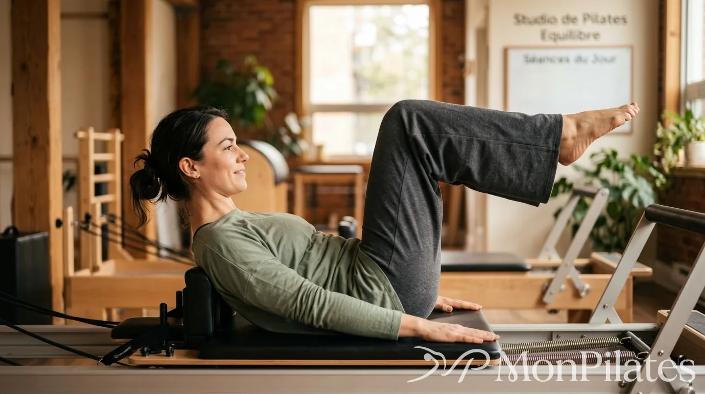 Pratiquant de Pilates avec les jambes levées et pliées à angle droit.