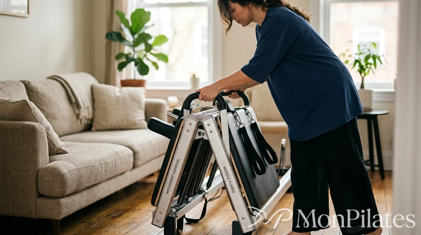 Machine Pilates Reformer pliable en cours de rangement dans un salon