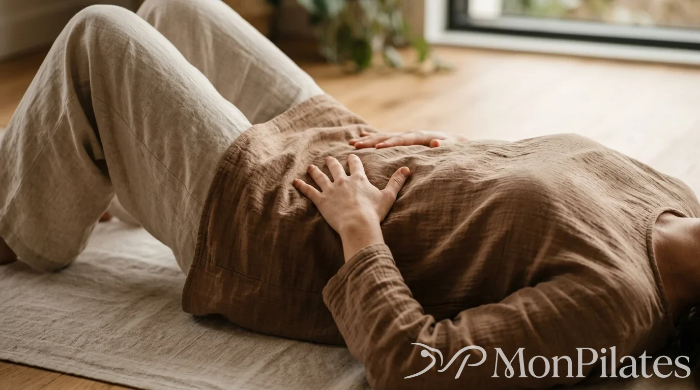 Gros plan sur une femme pratiquant la respiration diaphragmatique en Pilates post-partum