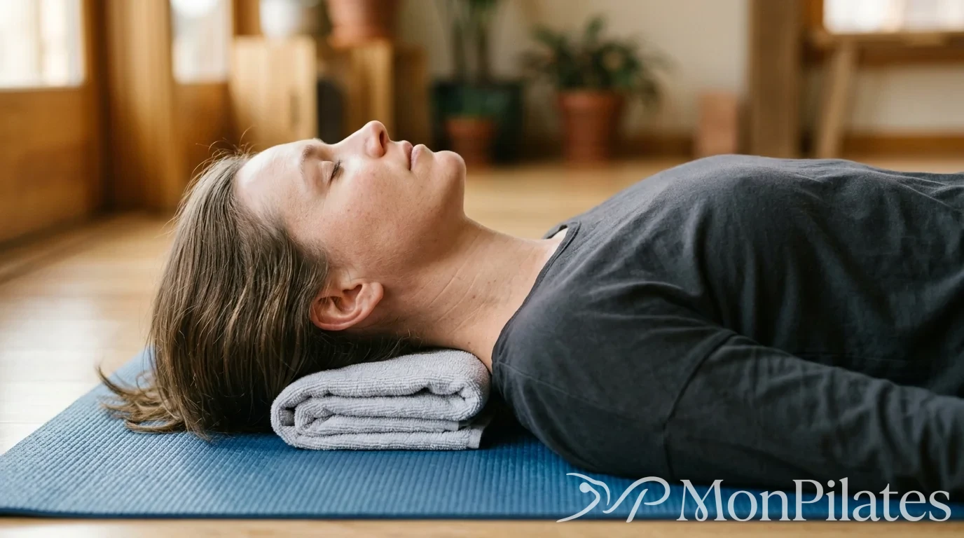 Tête reposant sur une petite serviette pliée pour aligner les cervicales