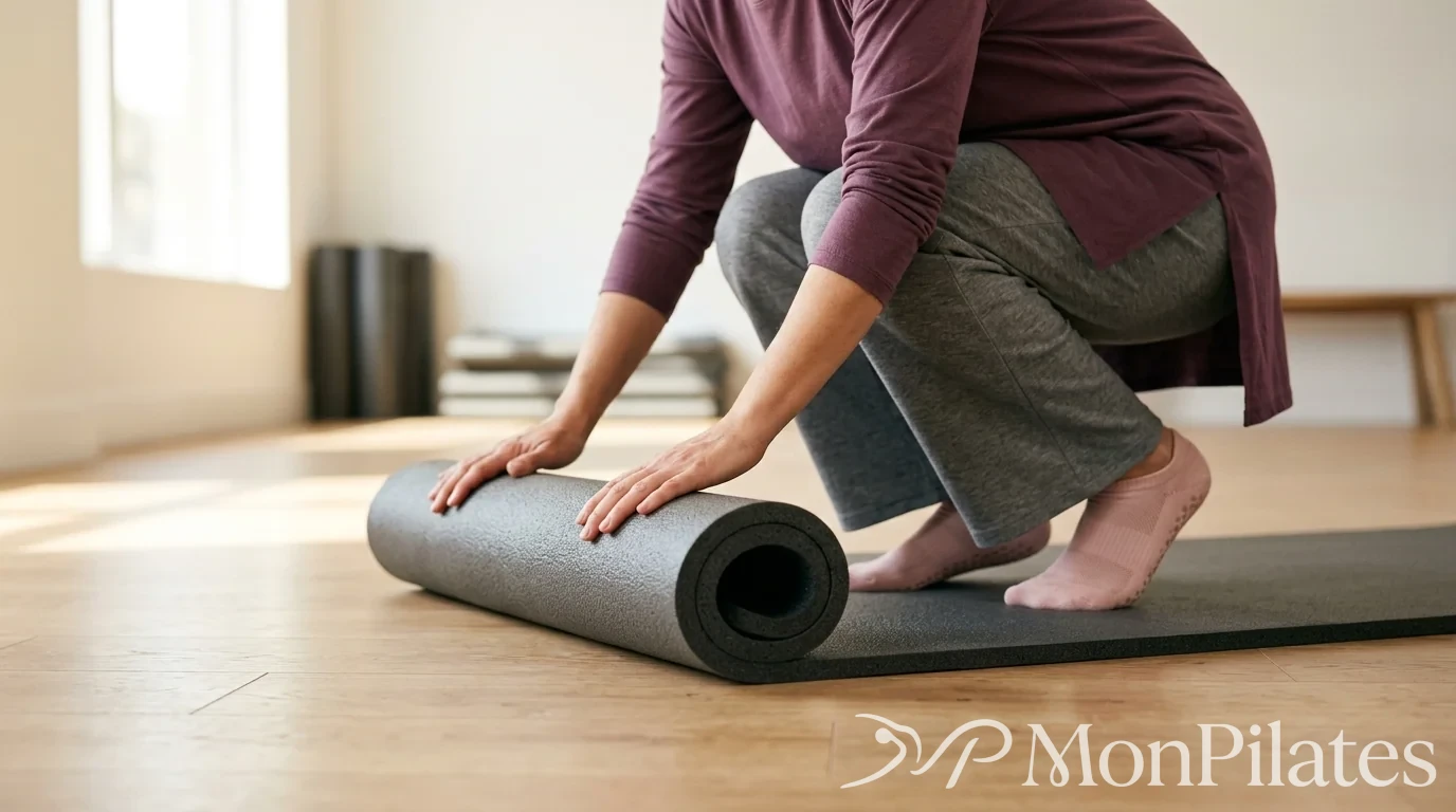 Gros plan sur un tapis de Pilates épais en train d'être déroulé