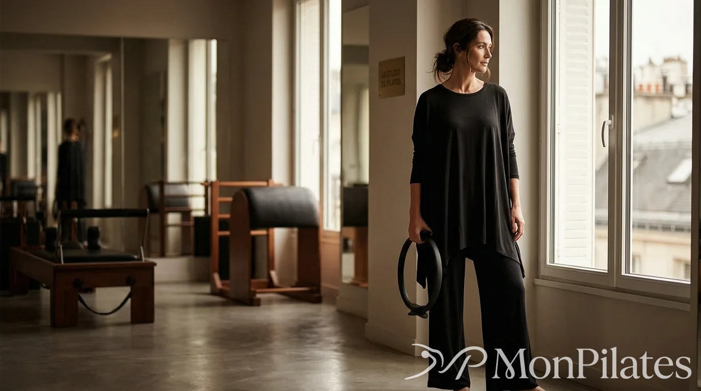 Femme en tenue de Pilates haut de gamme tenant un anneau