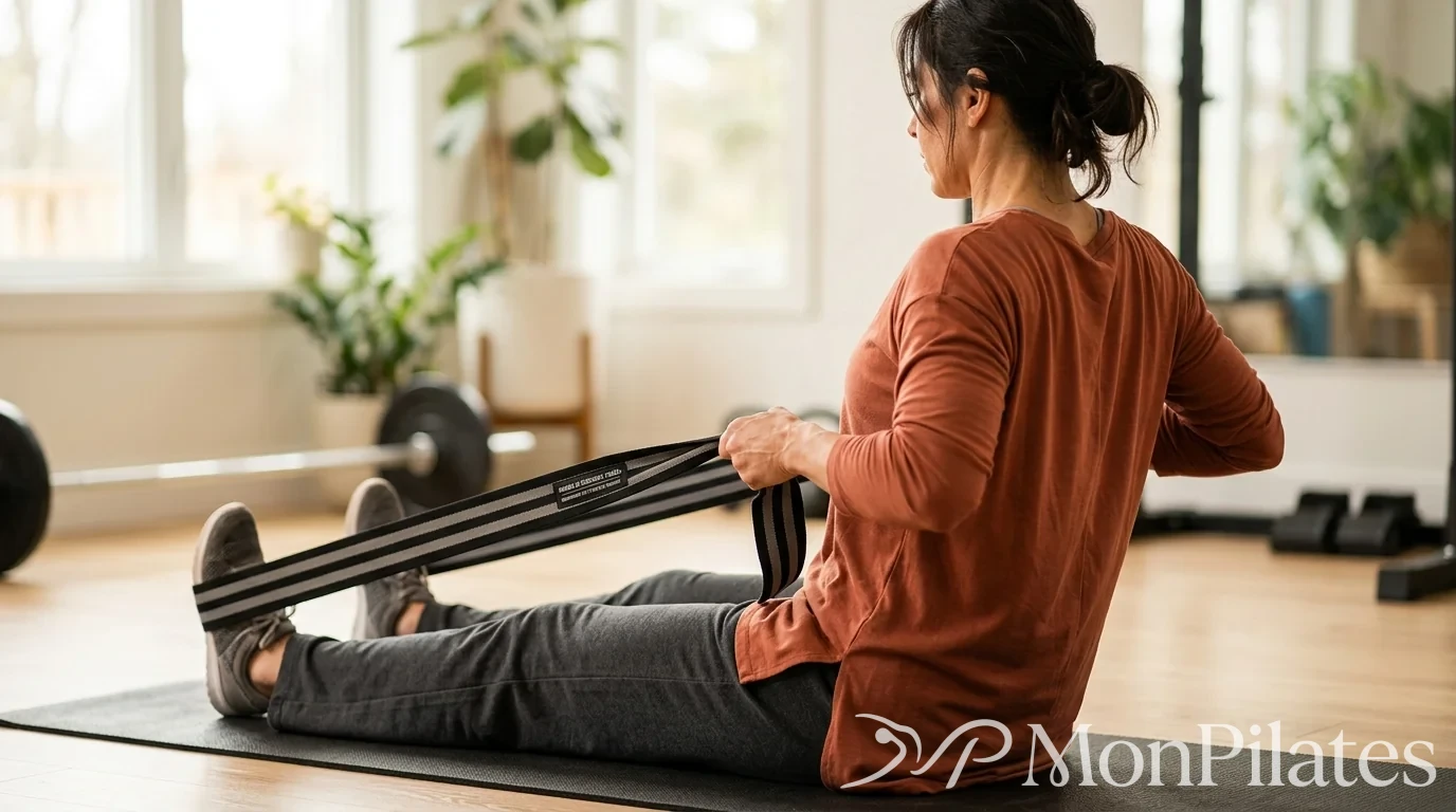 Tirage dos assis utilisant une bande élastique de Pilates