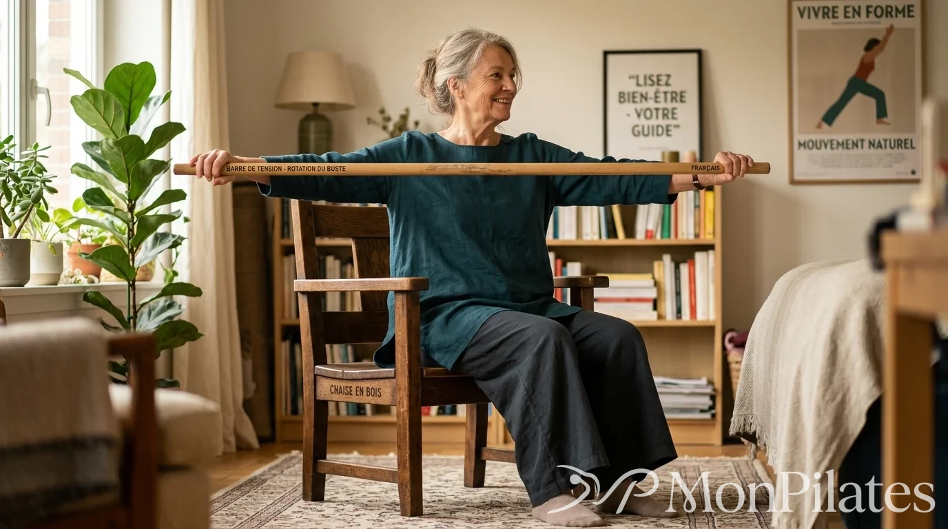 Senior faisant des exercices de Pilates assise sur une chaise