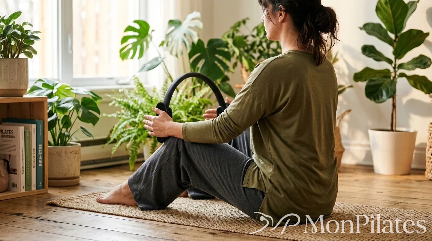 Femme serrant un anneau de Pilates entre ses cuisses